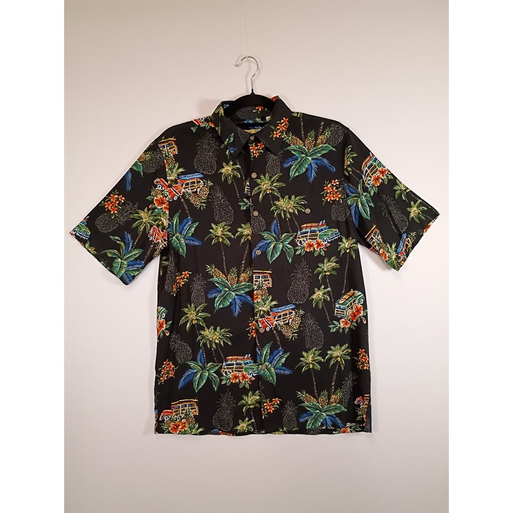 Tropical Surf Batik Bay Mens‎ Small Black Woodie Wagon Pineapple Rayon Shirt